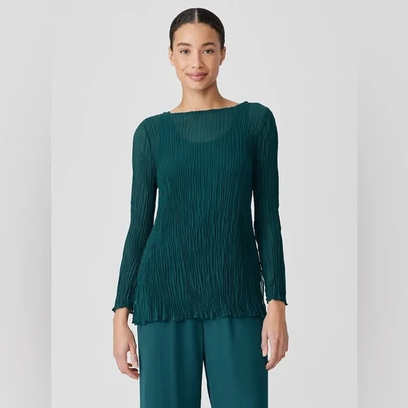 NWT EILEEN FISHER Crinkled Sheer Silk Georgette Bateau Neck Long Top Sz L - Picture 1 of 11